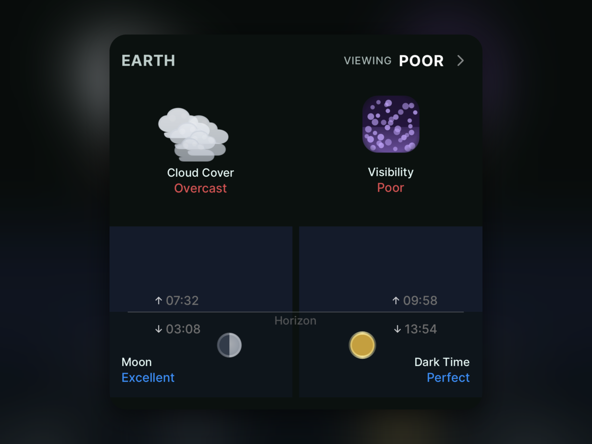 Aurora Eos location screen showing cloud cover, visibility, moon, dark time, and the overall viewing rating