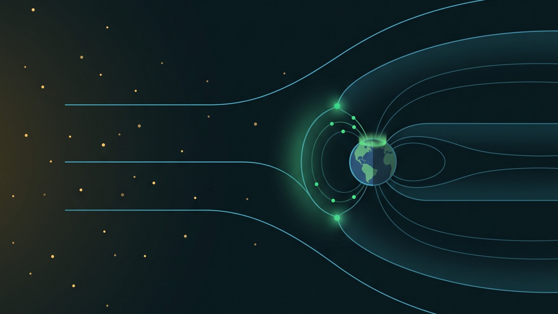Illustration of southward interplanetary magnetic field reconnecting with Earth's magnetic field