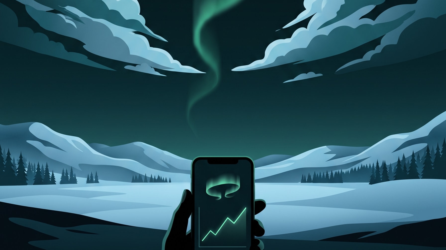 Aurora planning illustration combining a Kp forecast, auroral oval, cloud cover, and hours of darkness