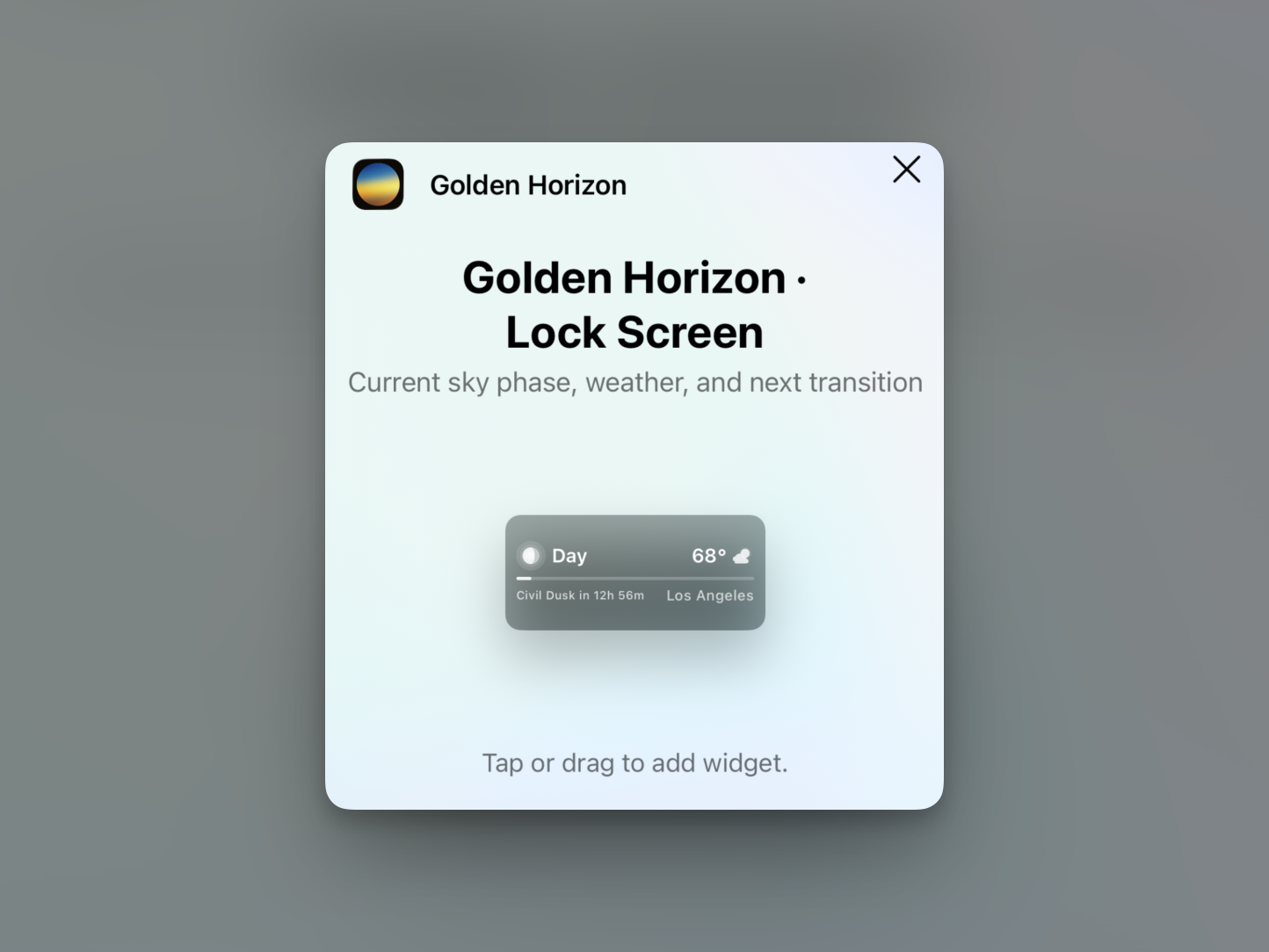Golden Horizon의 iOS 잠금 화면 위젯 추가 화면