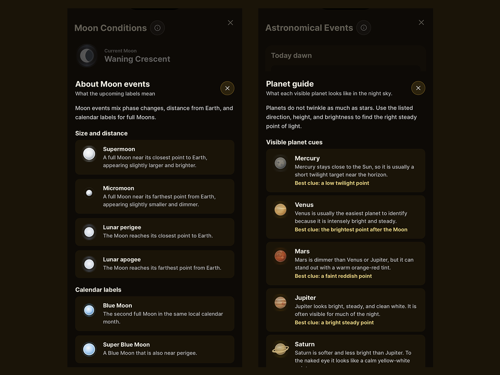 Golden Horizon guide screens for Moon events and planet events