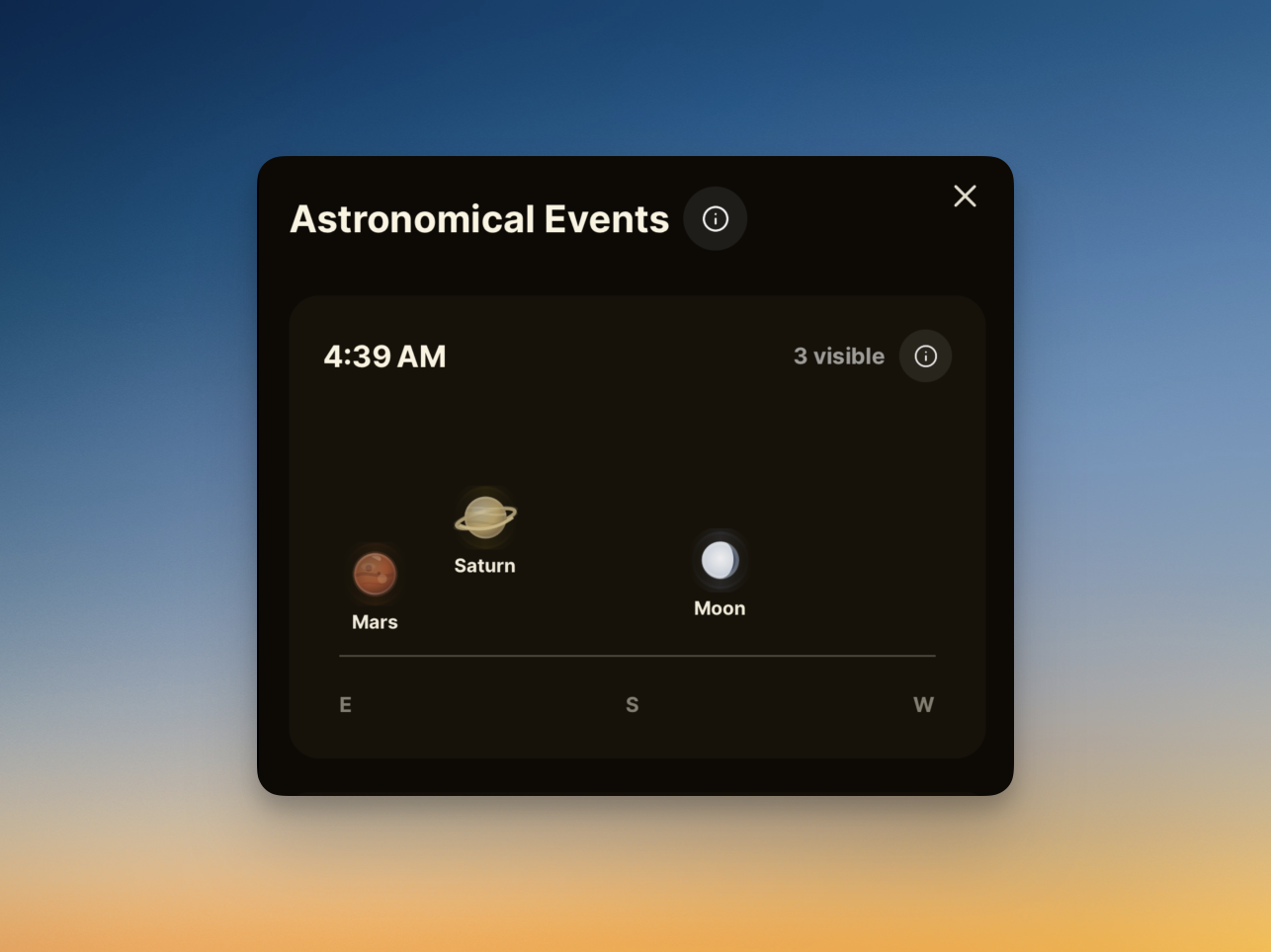 Astronomy events screen in Golden Horizon showing Moon and planet events together