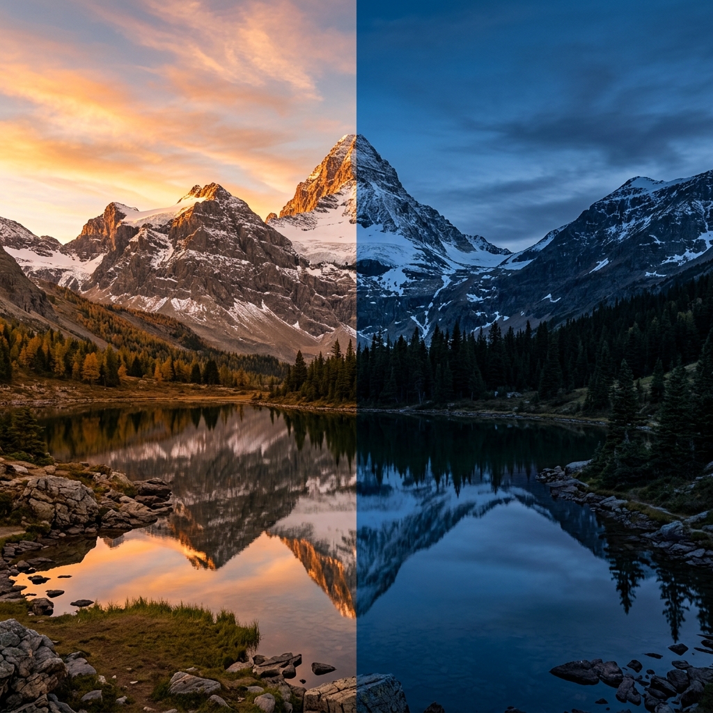 A split screen comparison of a mountain landscape during golden hour and blue hour