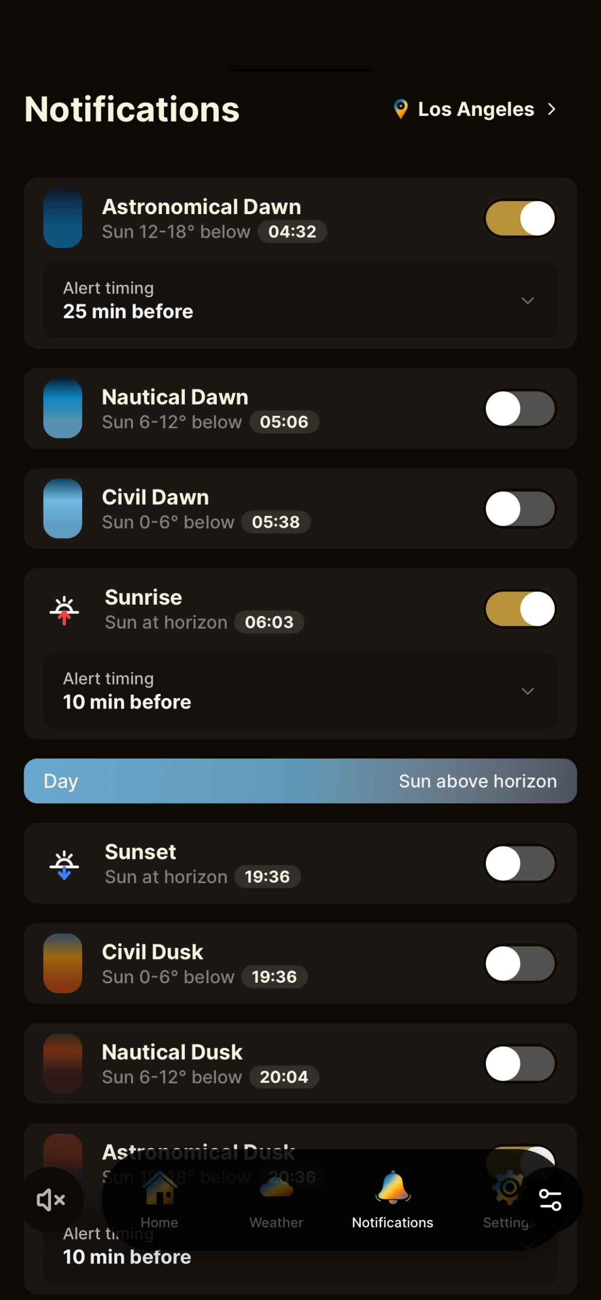 Golden Horizon detailed Light Alerts configuration screen