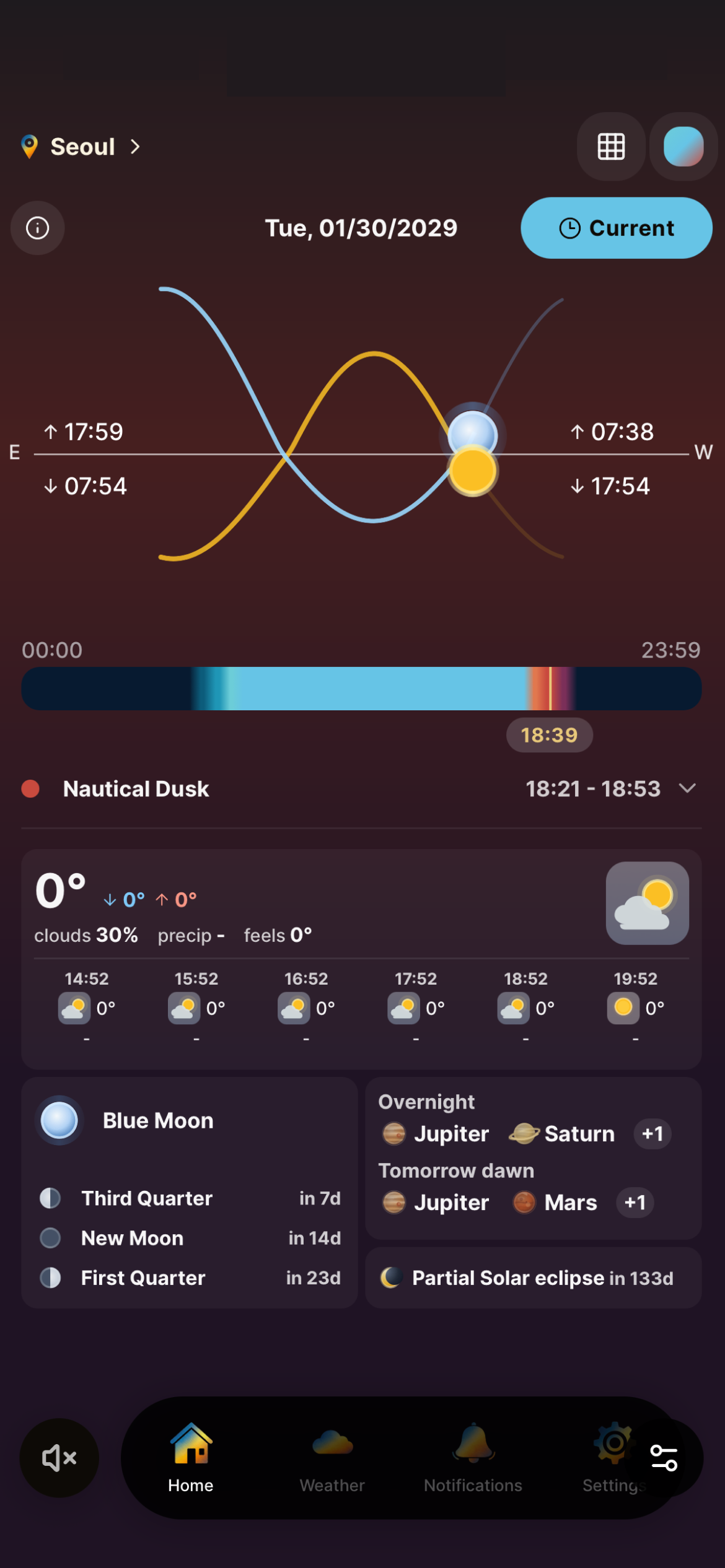 Golden Horizon app showing exact Golden and Blue hour timelines