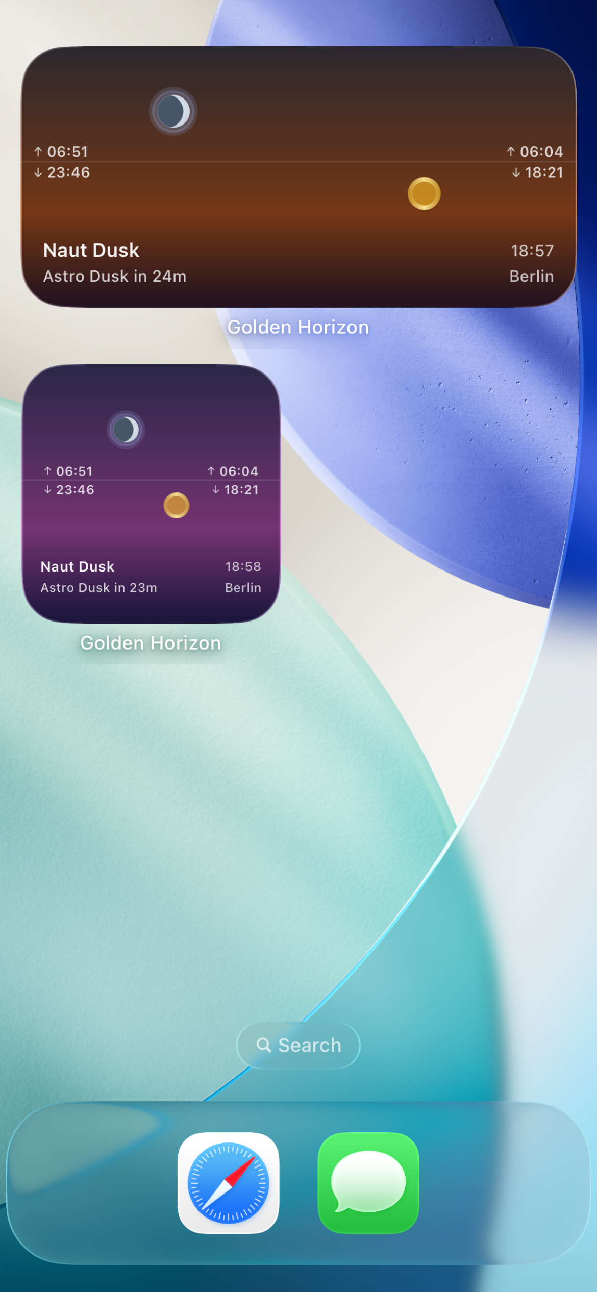 Golden Horizon home screen widgets showing sunset and moon phases