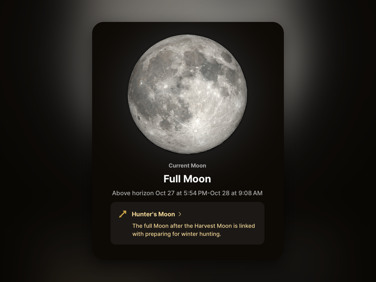 Golden Horizon Moon Conditions screen showing the current moon phase and the time window when the Moon is above the horizon