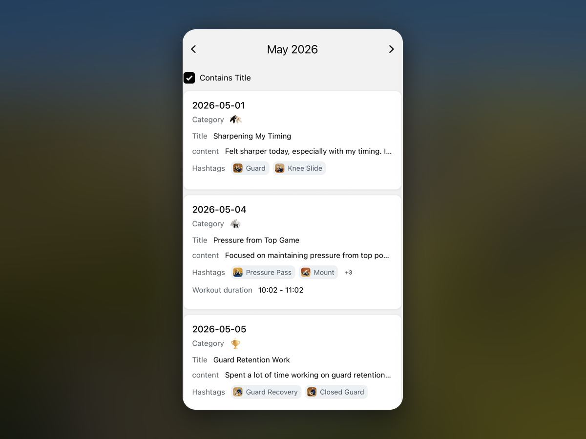 Lista do diário com hashtags, percorrida por data