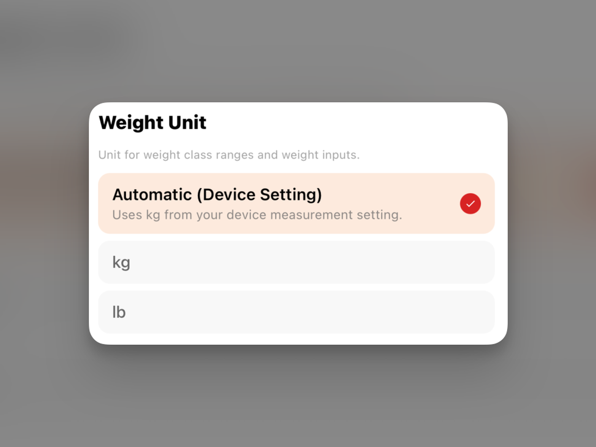 Post Black Belt settings screen for choosing the weight unit: Auto, kg, or lb