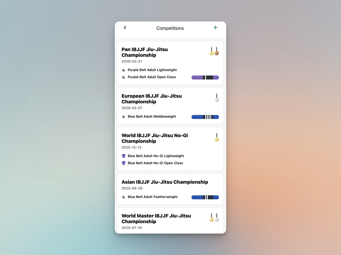 Post Black Belt competition and medal records list screen