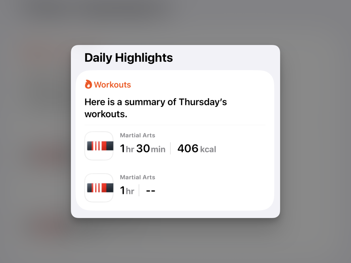 Apple Health의 오늘의 하이라이트에 무술 운동 두 건의 시간과 칼로리가 기록된 화면