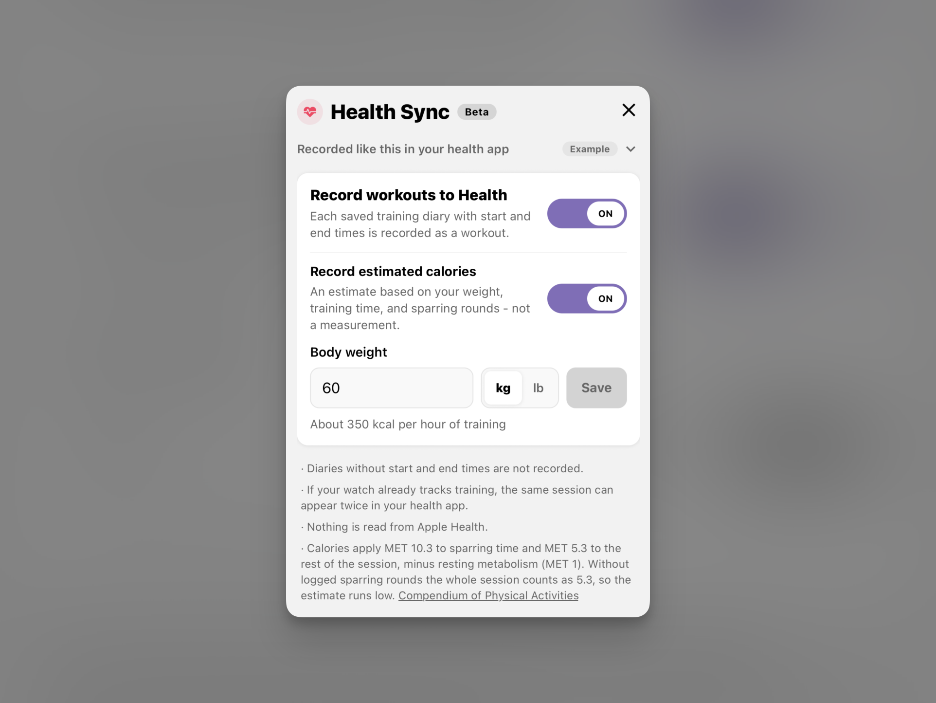 수련 일기를 Health에 기록하고 추정 칼로리를 설정하는 Post Black Belt의 Health Sync 화면