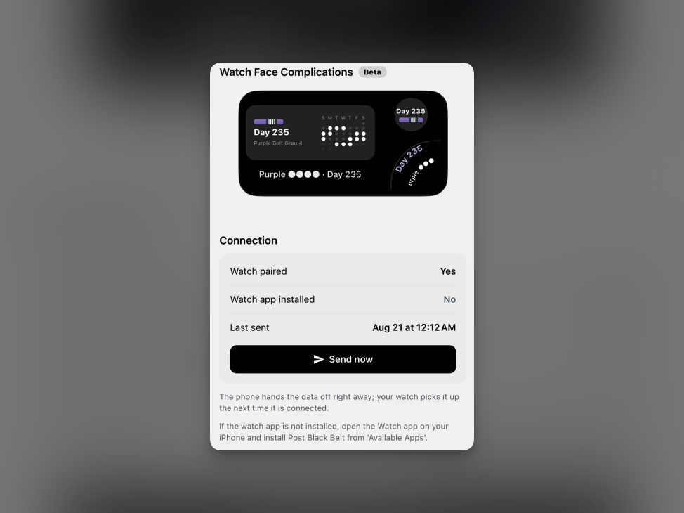 Apple Watch complication connection and data transfer settings screen in the Post Black Belt app