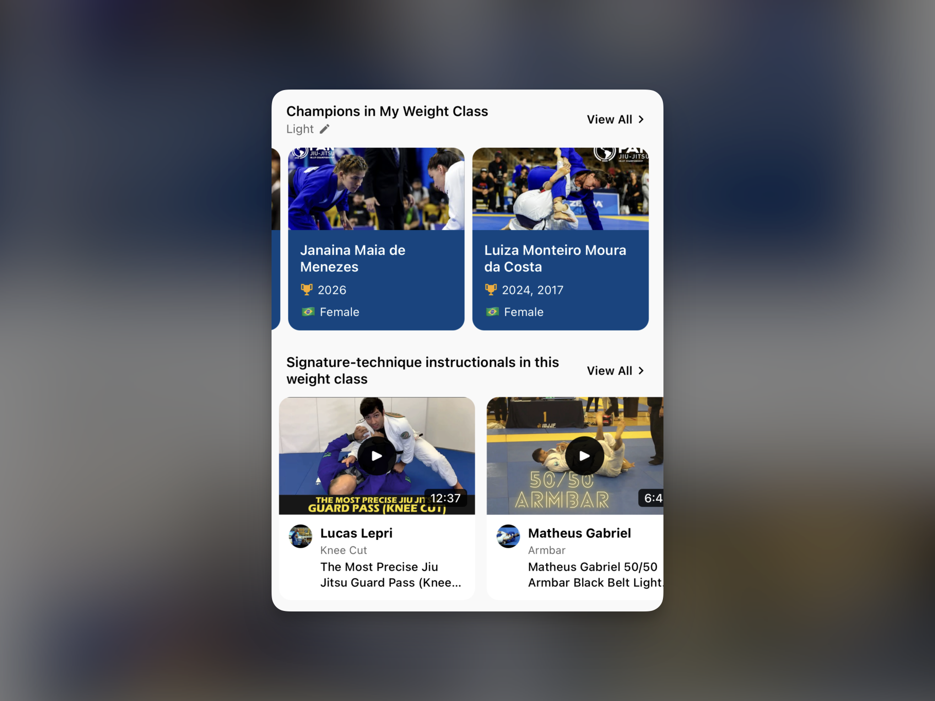 Home screen showing champions in your weight class alongside signature-technique instructionals from that weight class