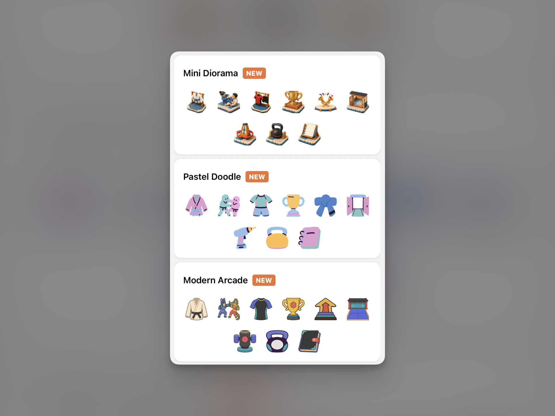 Post Black Belt icon styles: Mini Diorama, Pastel Doodle, and Modern Arcade