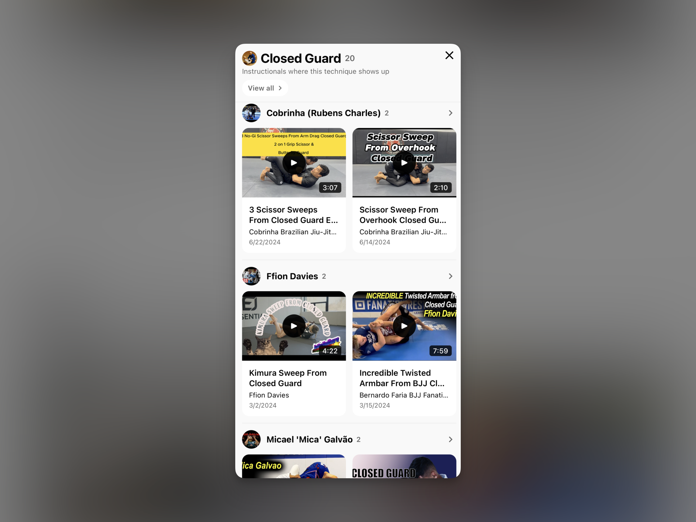 Detail screen collecting instructionals where the closed guard technique shows up, organized by athlete